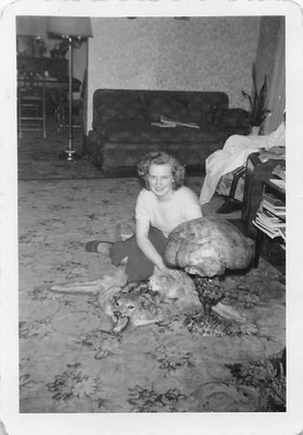 Young Woman Playing Kitty Cat 1950s Photo Odd Taxidermy Animal Rug Ottoman Rug