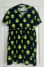 BLACK FRIDAY Dangerfield Alien Print Baby Doll Dress M Zipper Front Pockets 
