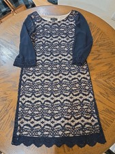 R M Richards Evening Dress, 16, Navy and Beige with Sequins and Lace, EUC 