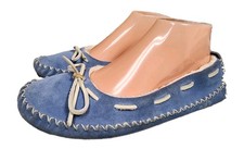LL Bean Womens Suede Hearthside Sherpa Lined Moccasin Slippers Light Blue Sz 10M