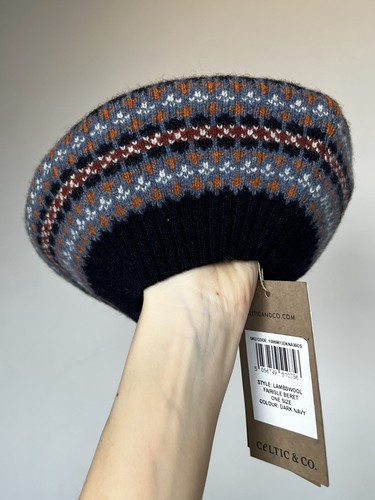 Celtic & Co 100% Lambswool Fairisle Dark Navy Beret Hat One Size NEW - Picture 9 of 14