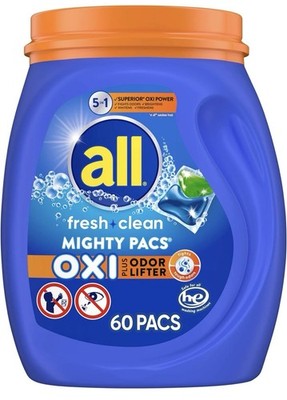 All Laundry Detergent Pacs, Fresh Clean Oxi plus Odor Lifter, 60 Count