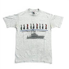 Vintage 80s Hooked On Fishing T Shirt Mens M USA Made Distressed