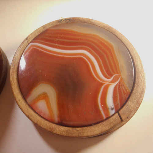 Wood & Agate Geode Stone Coasters Set of 6 Vintage Holder Amber Brown Home Decor - Picture 5 of 13