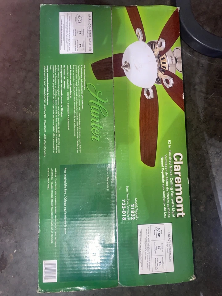 Hunter Claremont Modelo # 21832 52" Ventilador de Techo Kit de Luz de Vidrio - Níquel Cepillado Foto 4 de 4