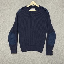 Vintage Iron Run Sweater Mens 42 Blue Wool V-Neck Elbow Patches Military 80s