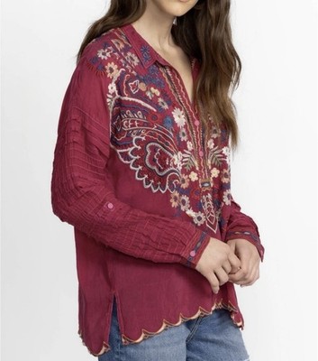 Johnny Was Top Women s 2XS Embroidered Floral Oversized Long Sleeve Button Boho