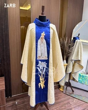 Marian Blue Ivory Catholic Priest Chasuble Our Lady Fatima Vestment + Stole