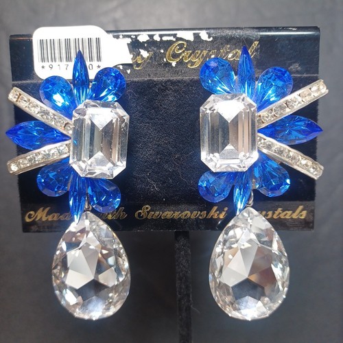 Vintage Jimmy Crystal New York Clip-On Ohrringe Swarovski blau klar 2,5 Zoll
