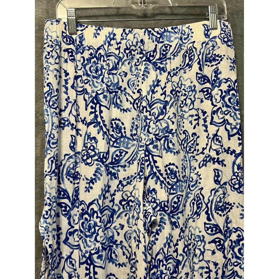 Pantalones Caroline Constas Azul Blanco Estampado Floral Lino Pierna Ancha Lado Grande Foto 2 de 4
