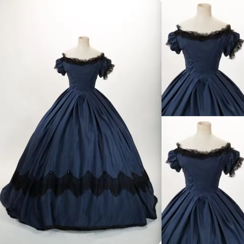 1860s Victorian Off Shoulder Evening Dress Women’s Vintage Elegant Ball Gown - Picture 3 of 9