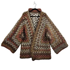 Hand Crochet Granny Square Cardigan Womens L/XL Multicolor Earth Tones Boho EUC