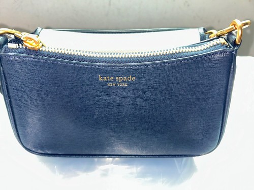 $298. Kate Spade New York Morgan Canvas Double up Crossbody Navy Blue Ivory Gold - Picture 2 of 8