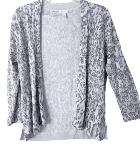 Chicos Cardigan Sweater Womens Small Gray Leopard Print Stretch Knit Open Front