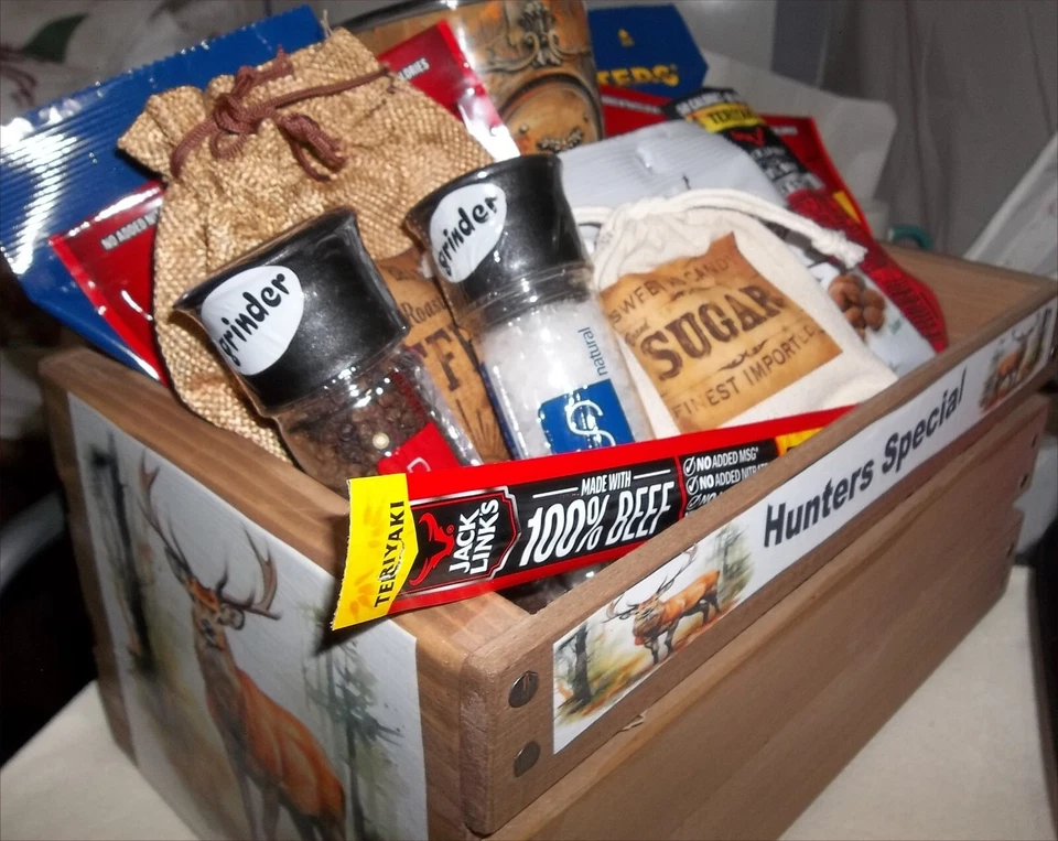 Deer Hunters Wood Crate Gift Basket Lodge Fun Gift Men Gifts Hunter Gifts Jerkey - Image 2 of 4