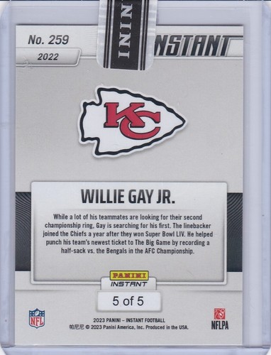Willie Gay Jr. CHIEFS 2022 PANINI INSTANT AFC CHAMPIONS #259 VERSICOLOR 5/5 - Picture 2 of 2