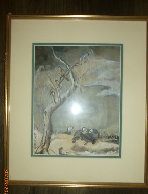 Vintage ESTER NAUM NAUW Signed Watercolor Painting Birds  9x12'' Frame `16x18''