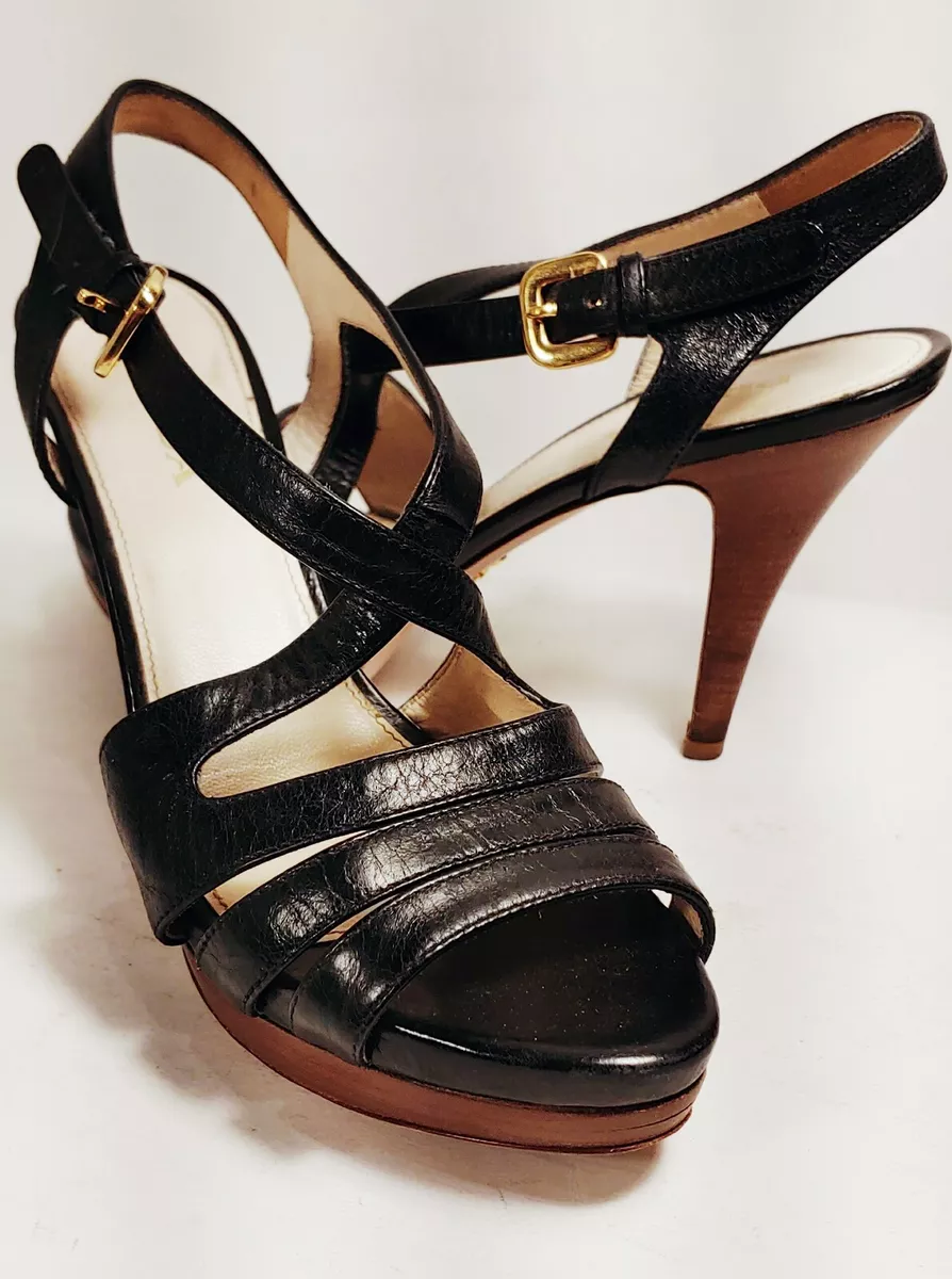 Prada Black Leather Hi Heeled Strappy Slingback Sandals Size US 7