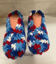 Hand Crochet Slipper/ Socks Cozy, Soft Warm Red, White  Blue Size 7-8