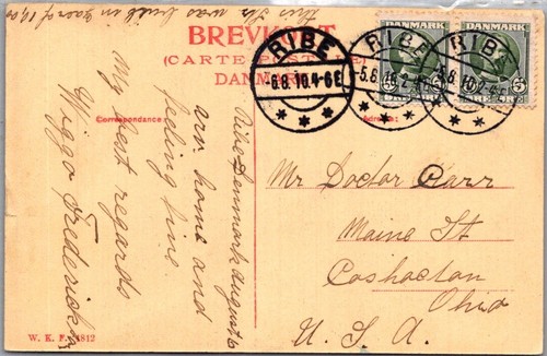 DENMARK 1910 PICT COLOR POSTCARD ADDR USA CANC RIBE