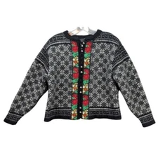 Vintage Herman Geist Wool Women's Sweater Petite Black White Floral Trim Size PL