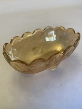 Vntg Jewel, Depression Glass Amber Candy Dish Footed Oval Iridescent Leaf Design