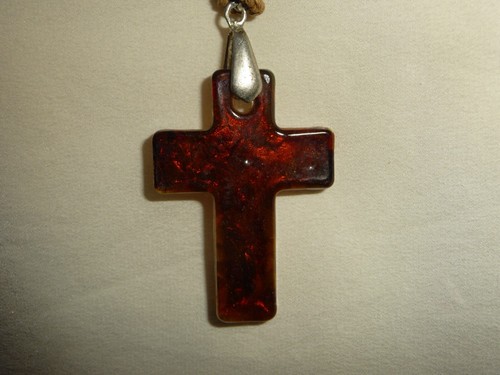 MURANO GLASS CROSS PENDANT ON BEIGE CORD CHAIN NECKLACE #27/29K - Picture 4 of 7