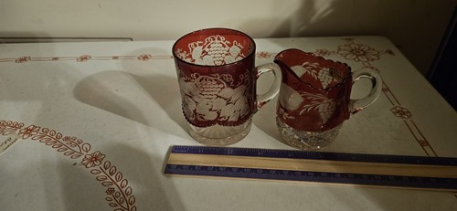 Bohemian Glass Cranberry Cut To Clear Antique 3" Creamer And Open Sugar/cup - Picture 9 of 9