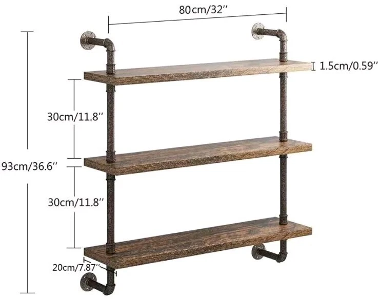 3 Tier Industrial Pipe Shelf Rustic Wood Floating Shelves,Wall Display Bookshelf - Image 3 of 4