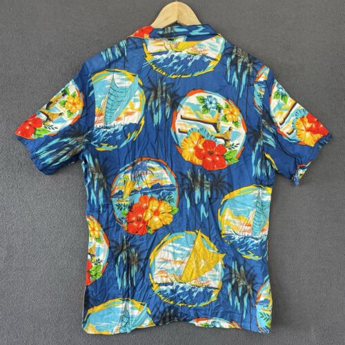 Vintage Ocean Pacific Hawaiian Shirt Mens Size L Blue Sea Floral Sunwear Boat - Picture 2 of 13