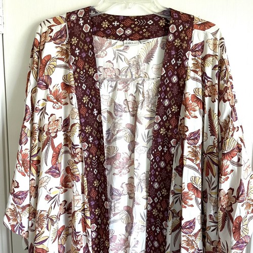 Cato Floral Leaf Patterned Open Front Cardigan Kimono Multicolor Boho Size XL - Picture 3 of 9