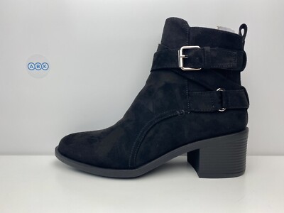 V By Very Strap Faux Suede Buckle Block Heel Ankle Boots Black UK Size 4 EUR 37