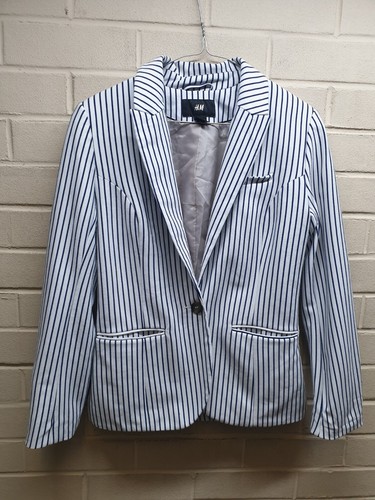 H&M Women's Striped White/Navy Blazer Size UK 10, EUR 38