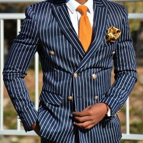 Men Navy Blue Striped Suit Double-breasted Peak Lapel Formal Wedding Party Suits - Bild 1 von 8