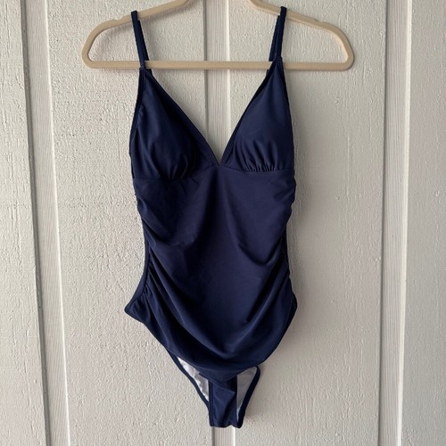 CUPSHE Navy One Piece Swimsuit Ruched Tummy Control V Neck Bathing Suit - Picture 4 of 6