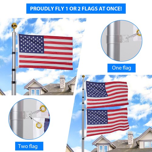 25FT Telescopic Flagpole Kit Heavy Duty Aluminum Flag Pole American Silver - Picture 6 of 8