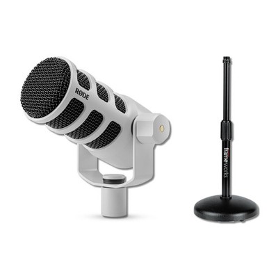 Rode PodMic Cardioid Dynamic Broadcast Microphone (White) with Round Base Stand