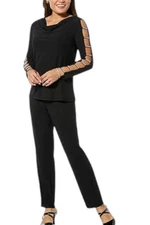 Nina Leonard Women's 2-piece Moss Crepe Top and Pant Set Black