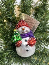 Old World Christmas SNOWMAN with Tree Blown Glass Ornament Glitter 3.5"