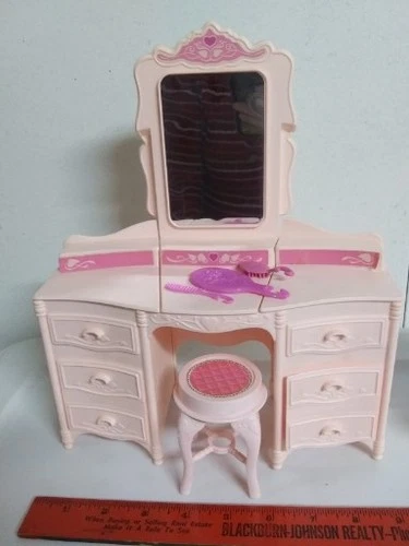 Vtg 1985 Barbie Dream Glow Pink Vanity- Comb, Brush, Mirror, Eye Shadow, Stool