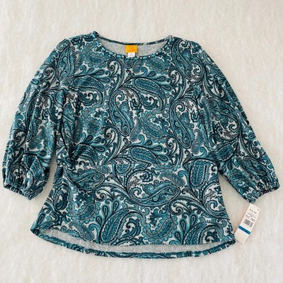 NWT Ruby Rd. Womens Jade Blue Paisley Hacci Twist Front Blouse Top Size X-Large