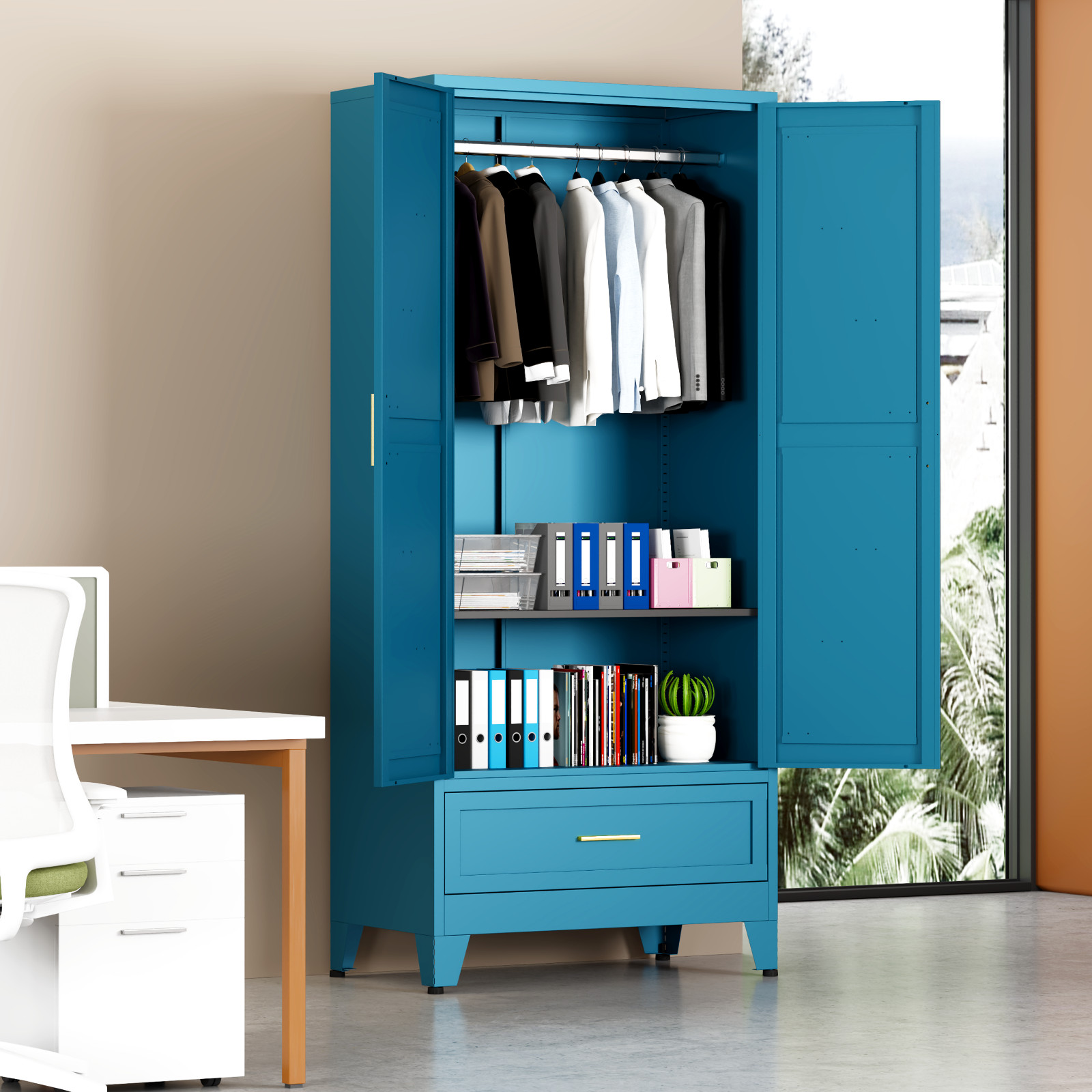 Metal armoire Wardrobe Closet with Hanging Rod,71'' Metal Wardrobe Cabinet