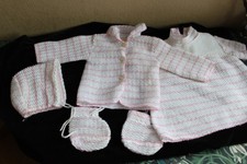 Vintage 60's Crochet baby Dress Cardigan Hat Set Layette Made in Belgium