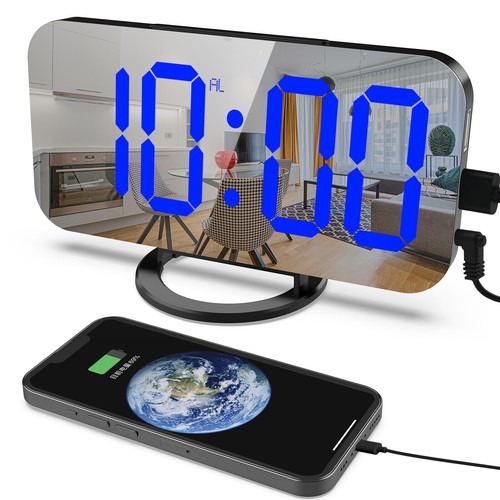 Digital Alarm Clock 6.5" Large LED Mirror Display Dual USB Charger Port Clocks - Picture 26 of 42