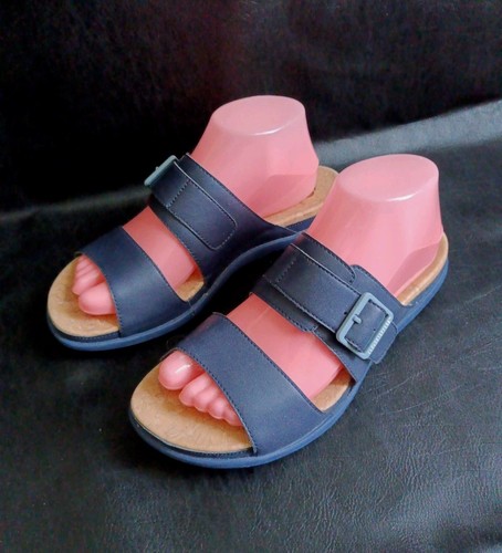 Clark's Cloudsteppers Sandals Step June Cork Navy Blue Slides Dbl Strap Sz 9 EUC - Picture 13 of 13