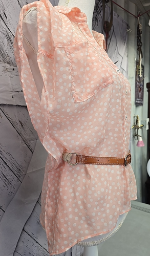 Double Zero Women's Short Sleeve Polka Dot Blouse Size M Pink Belted Sheer - Picture 2 of 12