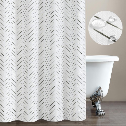 Extra Long Black and White Shower Curtain Herringbone Modern Fabric Shower Cu...