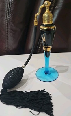Vintage DeVilbiss Style Art Deco Blue Black Perfume Atomizer Glass Bottle Bulb