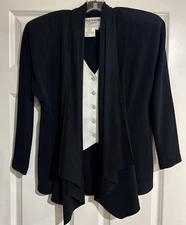 Women's 12 Daymor Couture Evening Jacket Blazer Black Built-In White Vest Draped