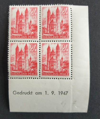 4er Block Franz. Zone Rheinland Pfalz - 24 Pf - Mi.Nr. 8 - Eckrand & Druckdatum